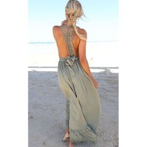 SABO Skirt Muse Maxi Dress Olive Green Crochet Back Halter Womens XS Boho EUC